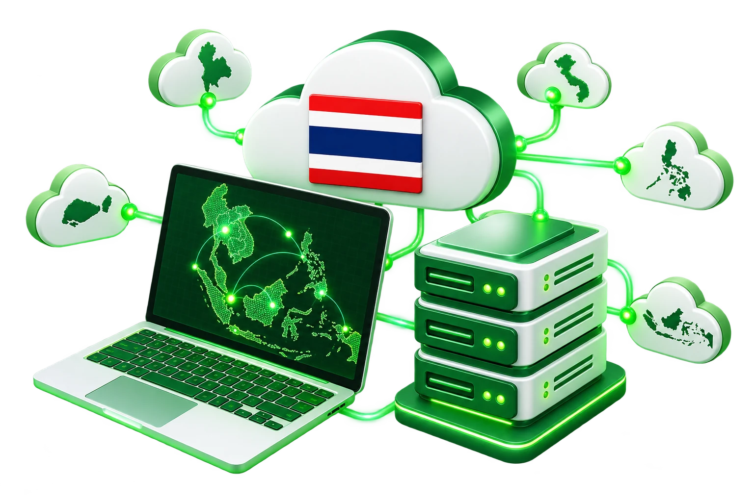 ภาพ Cloud VPS พร้อมธงไทยและการเชื่อมต่อในเอเชียตะวันออกเฉียงใต้